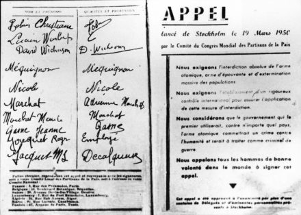 Appel de Stockholm contre l’utilisation des armes nucléaires, lancé par le Comité du Congrès Mondial des Partisans de la Paix, 19 mars 1950