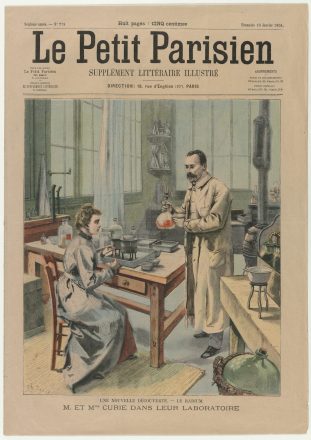 Illustration de Pierre et Marie Curie dans leur laboratoire, à l’EMPCI en page de couverture du Petit Parisien du 10 janvier 1904