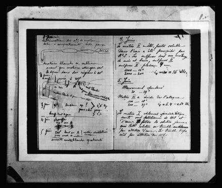 Notes sur les mesures de minerais divers. A gauche, fractionnement par sublimation (écriture de Pierre Curie), à droite, traitement chimique (écriture de Marie Curie). Notes du 2e carnet de la découverte du radium, juin 1898